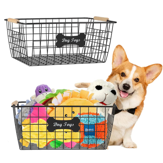 Dog Toy BoxLarge Dog Toy BasketSet Of 2 Metal Basket Dog Toy Bin Metal Basket for Pet with Wooden HandleBlack Sturdy Dog Basket Puppy Toy Bin OrganizerforblanketDog LeashSnacksToysAccessories