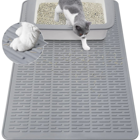 Coomazy 28x20 Large Water Resistant Cat Litter Box Mat - Easy Clean Textured Backing for Stay-in-Place Less Waste Traps Mess Soft on Paws Perfect for Cleaner Floors Gray